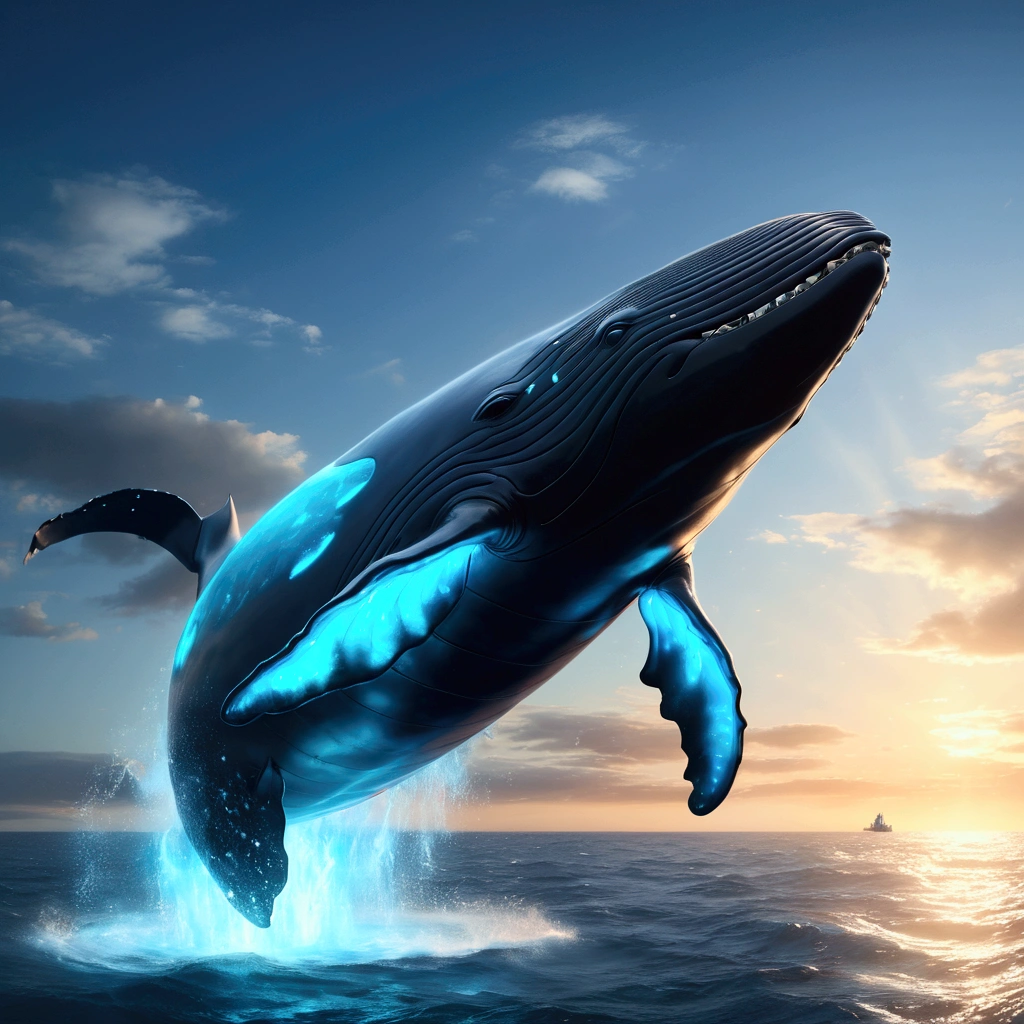 Flying Whale, mechanical whale, (glowing Whale:1.4), from side, blue sky, cinematic angle, realistic, hyper-realistic, photorealistic, (best quality,4k,8k,highres,masterpiece:1.2),ultra-detailed,(realistic,photorealistic,photo-realistic:1.37),vivid colors,dramatic lighting,