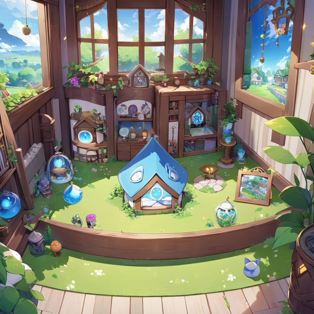 Gacha background, background inside the house, mystical house, greenery,,