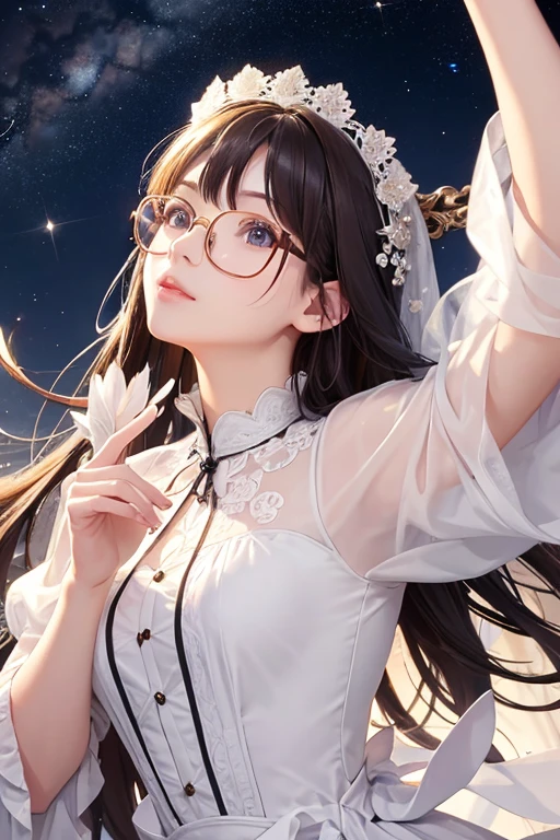 Highest quality、masterpiece、High sensitivity、High resolution、Detailed Description、Slender women、Glasses、Silk clothes、Gloss、With open arms、Looking up at the stars、