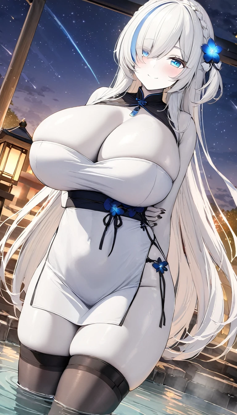 (masterpiece, high quality, high detail, 4k, rtx, high resolution:1.2),blue_streaked_hair,hair_over_one_eye, blue_eyes,very long hair,braid,white hair_ornament,white skin,black nail_polish,aged_down, solo,1girl, aerial_fireworks, architecture, aurora, bridge, building, city_lights, cityscape, cloud, constellation, crescent_moon, earth_(planet), east_asian_architecture, festival, fireflies, fireworks, flower, fountain, full_moon, galaxy, hair_ornament, horizon,(white dress, tubetop dress, china_dress, sexy pose:1.3), thighs, thighhighs,(strapless:1.2), (beautiful huge breasts:1.5),lantern, light_particles, looking_at_viewer, milky_way, moon, moonlight, night, night_sky, obi, onsen, outdoors, paper_lantern, planet, reflection, sash, shooting_star, sky, skyline, skyscraper, smile, snow, snowing, solo, space, sparkle, standing, star_(sky), star_(symbol), starry_background, starry_sky, starry_sky_print, summer_festival, sunrise, tanzaku, telescope, torii, tower, twilight,wading, water,arms behind back,finger polish