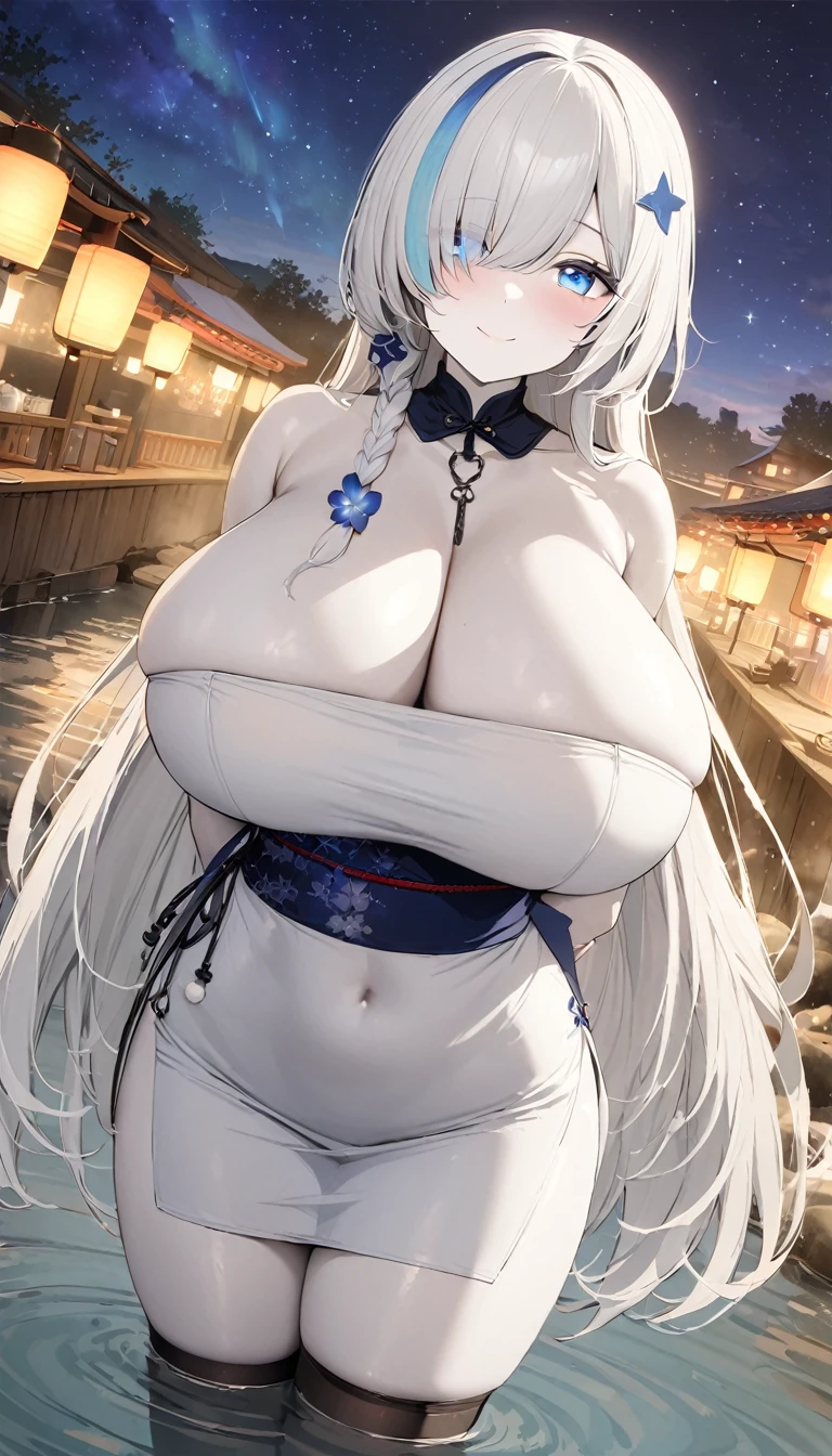 (masterpiece, high quality, high detail, 4k, rtx, high resolution:1.2),blue_streaked_hair,hair_over_one_eye, blue_eyes,very long hair,braid,white hair_ornament,white skin,black nail_polish,aged_down, solo,1girl, aerial_fireworks, architecture, aurora, bridge, building, city_lights, cityscape, cloud, constellation, crescent_moon, earth_(planet), east_asian_architecture, festival, fireflies, fireworks, flower, fountain, full_moon, galaxy, hair_ornament, horizon,(white dress, tubetop dress, china_dress, sexy pose:1.3), thighs, thighhighs,(strapless:1.2), (beautiful huge breasts:1.5),lantern, light_particles, looking_at_viewer, milky_way, moon, moonlight, night, night_sky, obi, onsen, outdoors, paper_lantern, planet, reflection, sash, shooting_star, sky, skyline, skyscraper, smile, snow, snowing, solo, space, sparkle, standing, star_(sky), star_(symbol), starry_background, starry_sky, starry_sky_print, summer_festival, sunrise, tanzaku, telescope, torii, tower, twilight,wading, water,arms behind back,finger polish