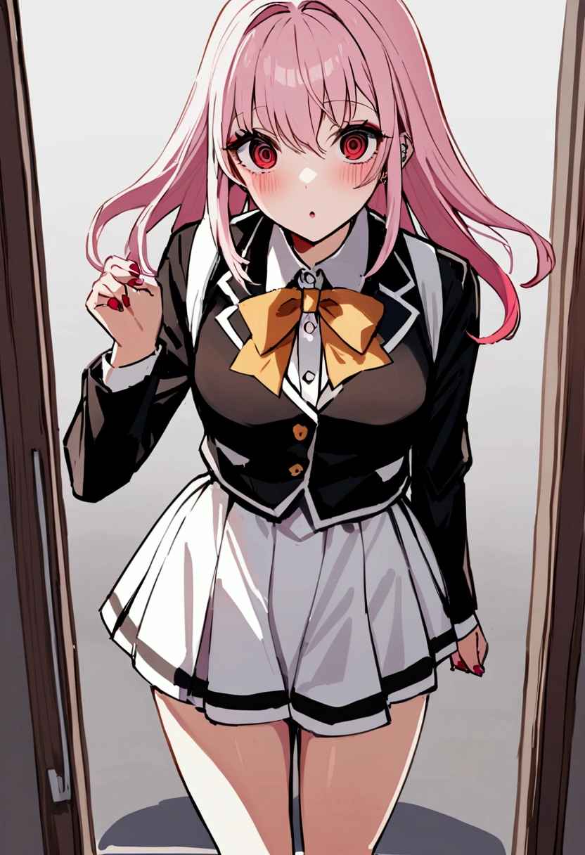a girl with pink hair, tez morena, red eyes with yandere simulator bullying uniform and yandere simulator style gyaru makeup while walking in high school