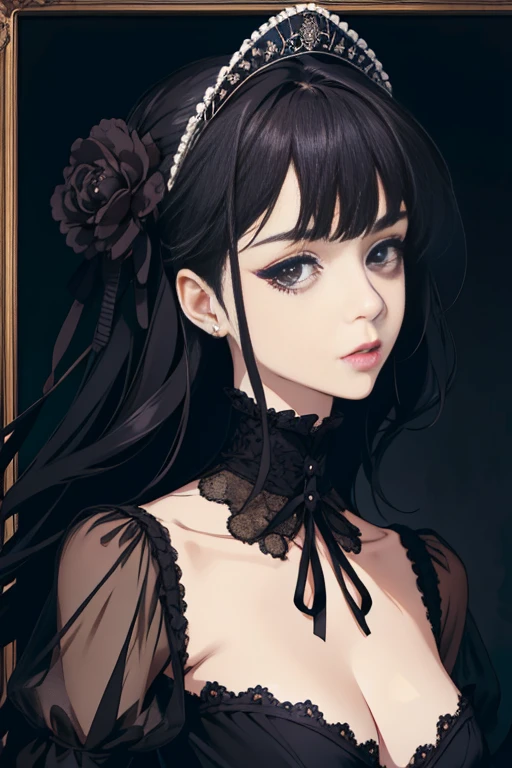 work of art, (absurderes:1.1), best qualityer, extremely delicate, (beautiful face:1.1), chic, (great composition), bags under the eyes, (tenebrosa:1.1), puffy image of a woman in a black dress formal portrait of a woman inspired by Li Chevalier, portrait knight female, gorgeous female champion, Victorian era black dress, formal girl, crisp and clear RPG portrait, female champion, highly detailed exquisite fanart, women's black dress funerals , Elisha Cuthbert as advertisement&paladin, dress with black blonde blue eyes long hair NOT SHOWING SKIN
