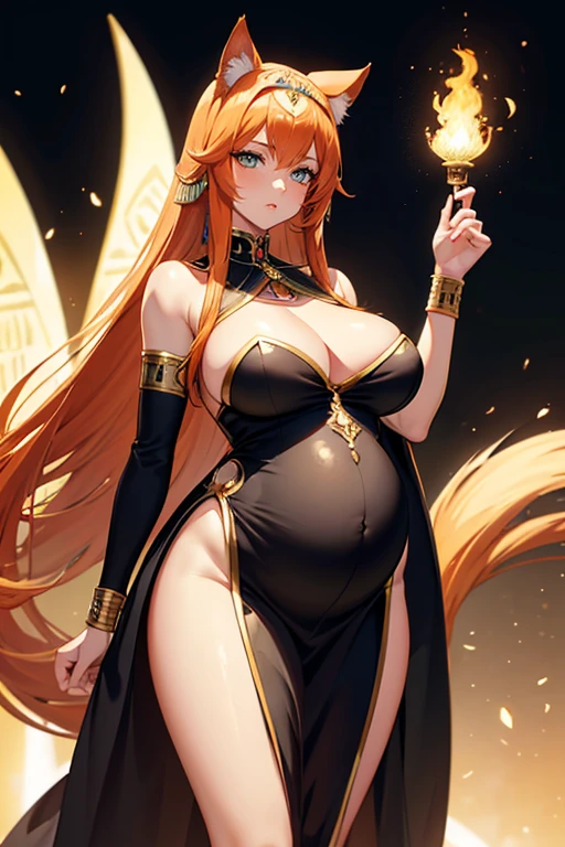 8k, masterpiece, very realistic, Full body shot of sexy pregnant cat woman, anime style, standing, faraon cat girl, Cleopatra, Egyptian style, tail, cat ears, very slim waist, very tall, white ancient pharaoh dress, dynamic pose, pregnant, cleavage, light orange hair