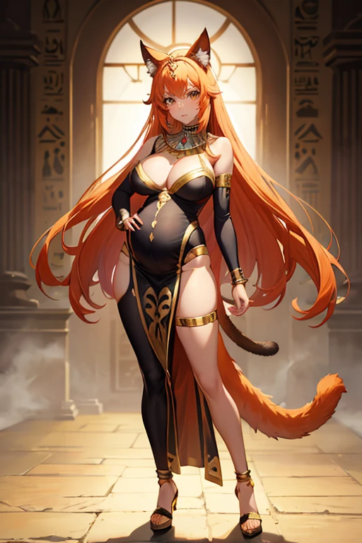 8k, masterpiece, very realistic, Full body shot of sexy pregnant cat woman, anime style, standing, faraon cat girl, Cleopatra, Egyptian style, tail, cat ears, very slim waist, very tall, white ancient pharaoh dress, dynamic pose, pregnant, cleavage, light orange hair