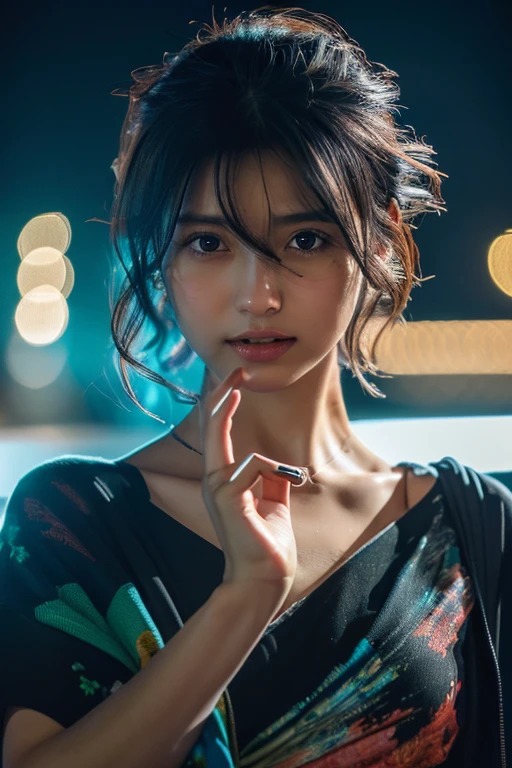 Random Pause, Mix 4, (8k, Original photo, Highest quality, masterpiece: 1.45), (Actual, Vibrant: 1.37), Skinny Japanese woman, One girl, charm, City view, night, rain, Wet, Professional Lighting, Photon Mapping, Radio City, Physically Based Rendering, Gradient black hair, Short Curly Hair, good looking, girl, See-through T-shirt,Torn clothes、 High resolution, 1080P, (Beautiful Face), (Detailed facial depiction), (Detailed description of the hand), (Detailed CG), Extreme light and shadow, Messy Hair, Lots of details, (exquisite features), (Highest quality photos), (Beautiful Eyes), Look in front of you, Thin clavicle,
