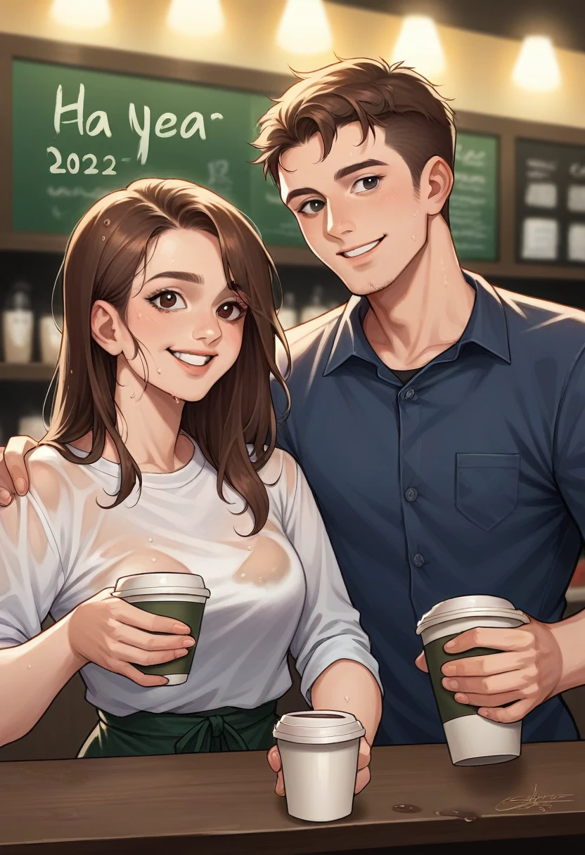 20 year old hispanic women, wearing shirt and pant. wet hair, black eyes, brown hair, smiling, medium breast, drinking coffee at streat coffee shop, taken with a Canon EOS RS and a 85mm lens
photorealistic images, clear realistic background, HD