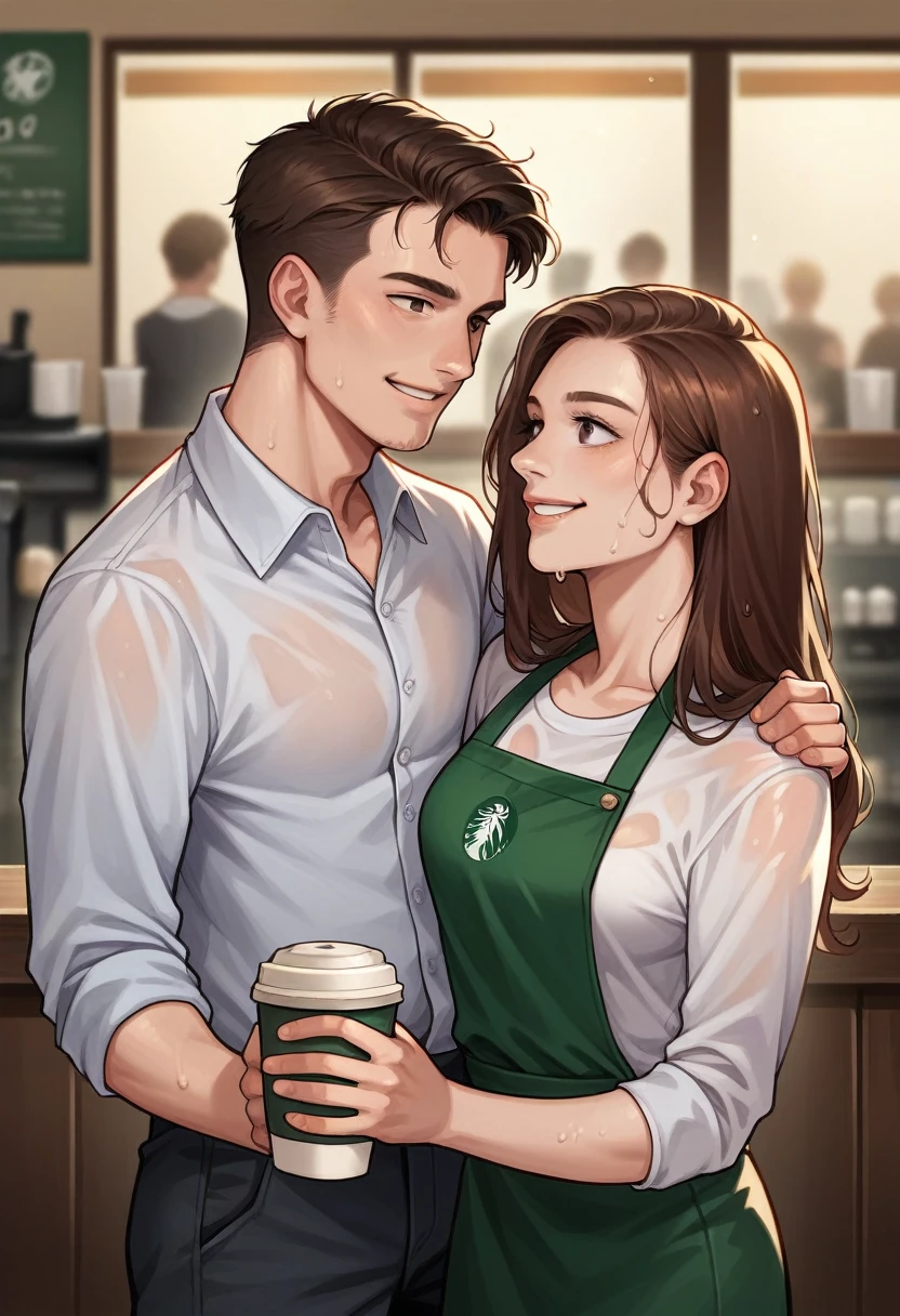 20 year old hispanic women, wearing shirt and pant. wet hair, black eyes, brown hair, smiling, medium breast, drinking coffee at streat coffee shop, taken with a Canon EOS RS and a 85mm lens

photorealistic images, clear realistic background, HD