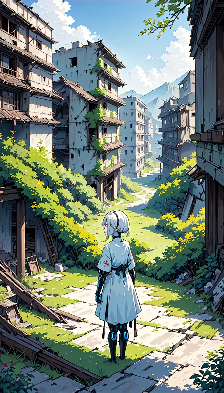 In the ruined city、The people disappeared。In this place that collapsed tens of thousands of years ago、Overgrown with vegetation。The area is littered with collapsed buildings and rusting structures.、Silence reigns。At its heart、A humanoid android seen from behind（girl）Standing quietly。Her figure blends into the desolate landscape.、Her expression has a lonely vibe。