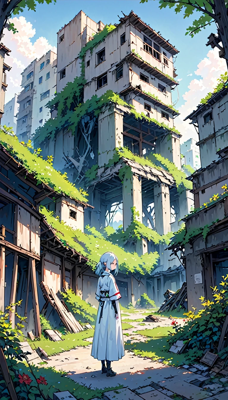 In the ruined city、The people disappeared。In this place that collapsed tens of thousands of years ago、Overgrown with vegetation。The area is littered with collapsed buildings and rusting structures.、Silence reigns。At its heart、A humanoid android seen from behind(girl)Standing quietly。Her figure blends into the desolate landscape.、Her expression has a lonely vibe。