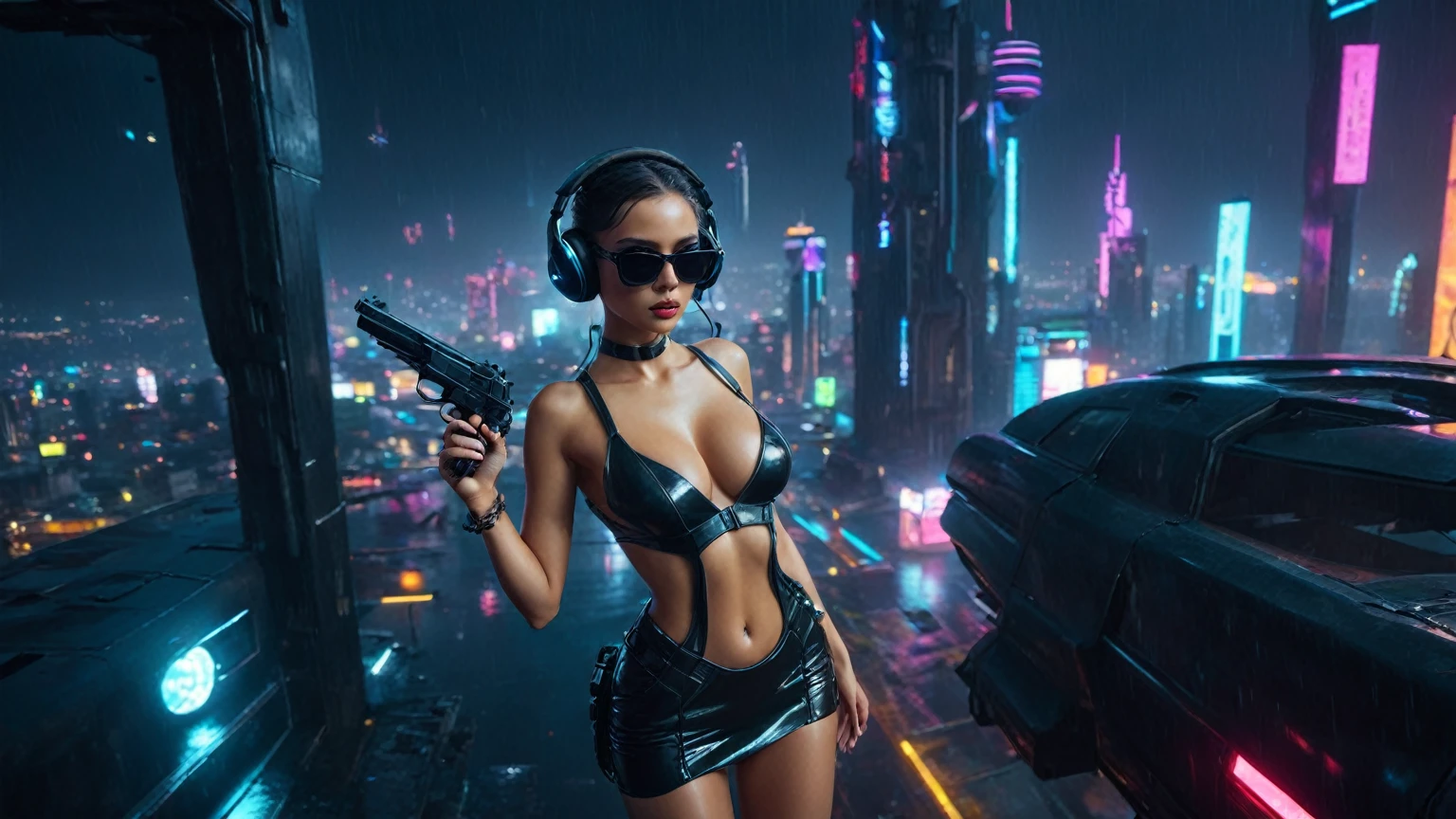 (aerial view, a flying cars docking platform, a very dark abandoned futuristic city, neon lights), rainy night. (((1girl, solo, alone))), large-breast:1.2 slim body, cleavage:1.1, sexy wind blowing wet dress:1.4, (((headphone, black sunglasses, standing and holding pistol:1.8, dynamic rushing pose))), (((((half-body thigh level medium shot))))), cinematic lighting, lens flare, ray tracing.
