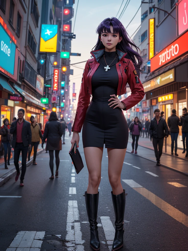 (ultra realistic,32k, masterpiece:1.2),(high detailed skin:1.1),( 8k uhd, dslr, high quality:1.1),
 misato, black eyes, parted bangs,black-Purple hair,  long hair, earrings, cross necklace, red jacket, long sleeves, black dress, full body, widehips, boots, (huge breast:1.1), 
(looking at viewer, Bend forward:1.1),
,(soft shaded neon light:1.1),ai-controlled smart city, automated systems, intelligent infrastructure, optimized living