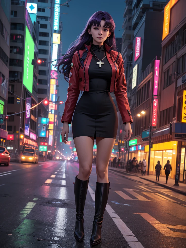 (ultra realistic,32k, masterpiece:1.2),(high detailed skin:1.1),( 8k uhd, dslr, high quality:1.1),
 misato, black eyes, parted bangs,black-Purple hair,  long hair, earrings, cross necklace, red jacket, long sleeves, black dress, full body, widehips, boots, (huge breast:1.1), 
(looking at viewer, Bend forward:1.1),
,(soft shaded neon light:1.1),ai-controlled smart city, automated systems, intelligent infrastructure, optimized living