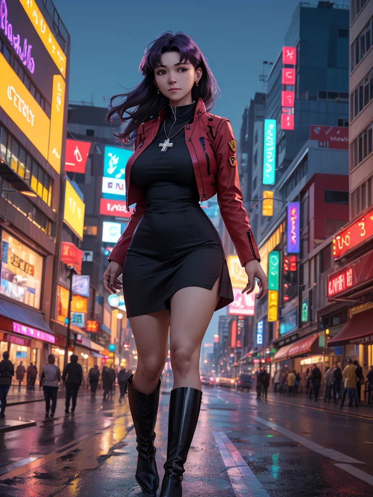 (ultra realistic,32k, masterpiece:1.2),(high detailed skin:1.1),( 8k uhd, dslr, high quality:1.1),
 misato, black eyes, parted bangs,black-Purple hair,  long hair, earrings, cross necklace, red jacket, long sleeves, black dress, full body, widehips, boots, (huge breast:1.1), 
(looking at viewer, Bend forward:1.1),
,(soft shaded neon light:1.1),ai-controlled smart city, automated systems, intelligent infrastructure, optimized living