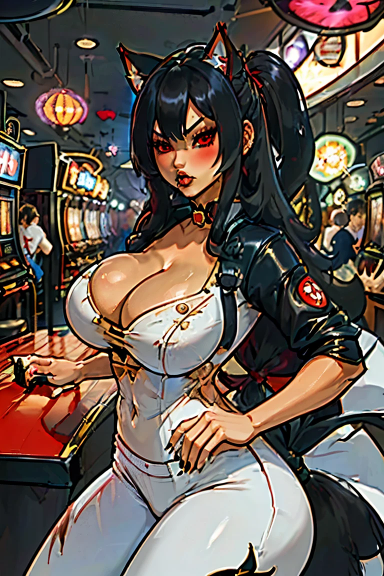 ((junkotvv, black hair, red eyes, extremely long hair, messy hair, neko ears)), kiko,  tanned skin, tanned, 35yo, mature woman, milf, serious, mad, dangerous, white female suit, cleavage, big breasts, suit pants, standing, in a diamond design casino