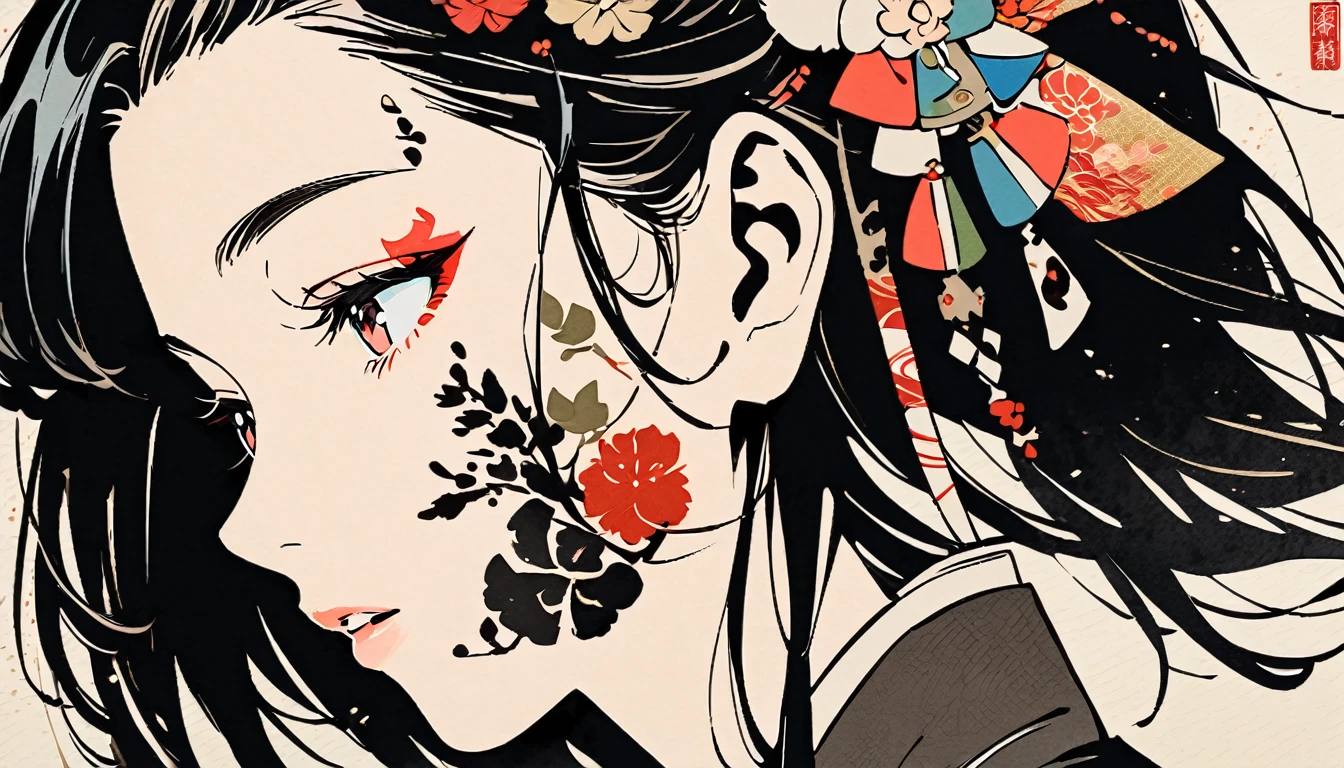 Fashion portrait color photos, Ink Painting, (((1 girl))), (((Tattoo on face))), (((Gorgeous hair accessories))), Japanese style headphones, face close-up, Japanese beautiful girl, Black Hair, Delicate and precise, Modern ukiyo-e style