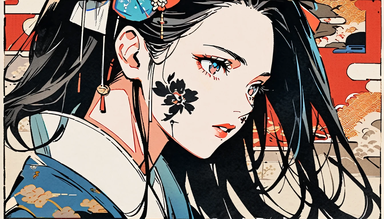 Fashion portrait color photos, Ink Painting, (((1 girl))), (((Tattoo on face))), (((Gorgeous hair accessories))), Japanese style headphones, face close-up, Japanese beautiful girl, Black Hair, Delicate and precise, Modern ukiyo-e style