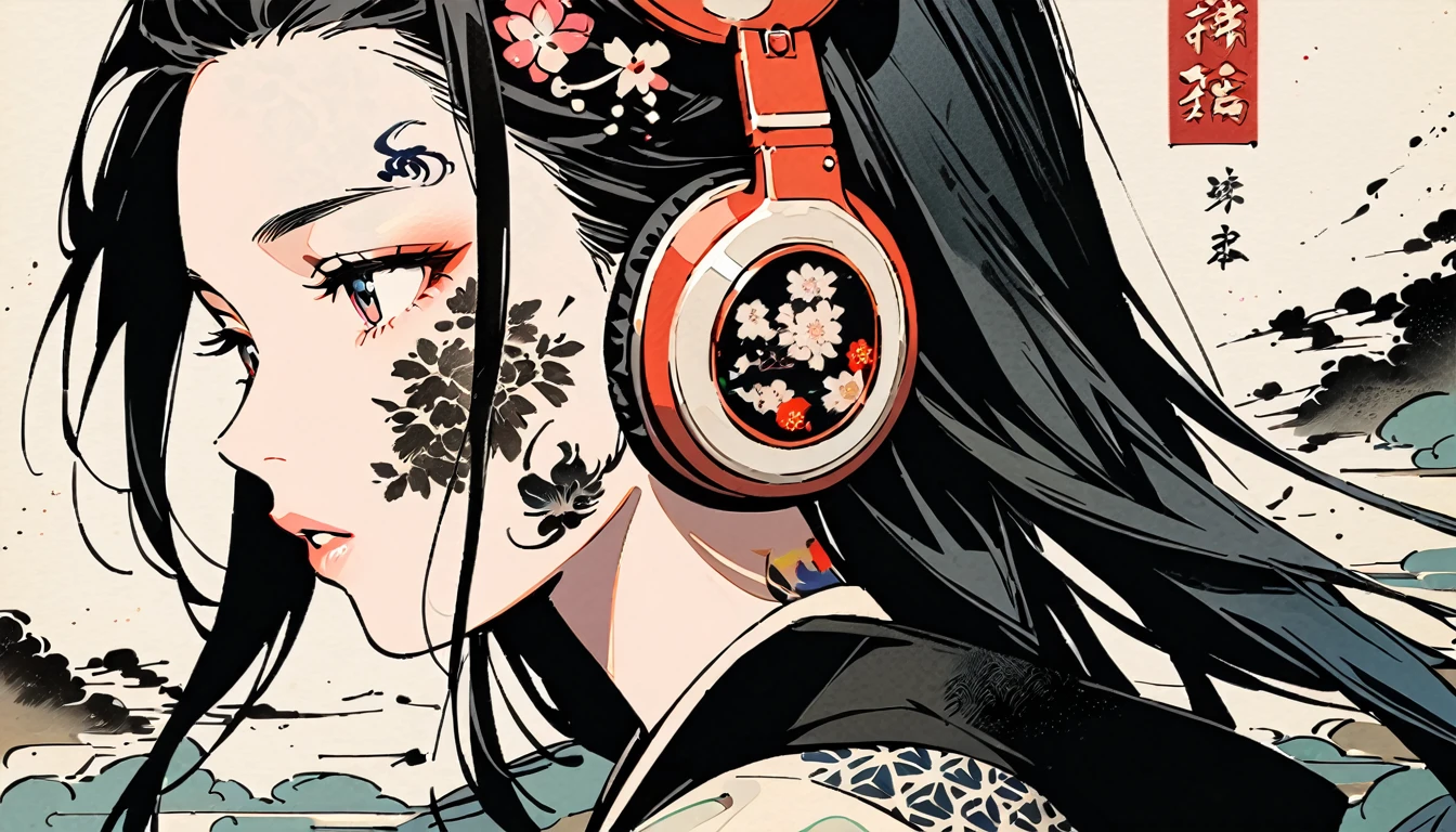 Fashion portrait color photos, Ink Painting, (((1 girl))), (((Tattoo on face))), (((Gorgeous hair accessories))), Japanese style headphones, face close-up, Japanese beautiful girl, Black Hair, Delicate and precise, Modern ukiyo-e style