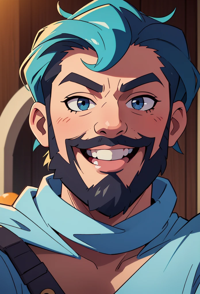 (resting on fruits) (Best Quality, 4k, 8k, high resolution, Masterpiece: 1.2), ultra detailed, Male portrait, medium closeup, very detailed face, detailed facial features, spectacular lighting, close-up, from above, anatomically correct, super detail, full blue beard and short blue hair, smile, wink, hairy chest.