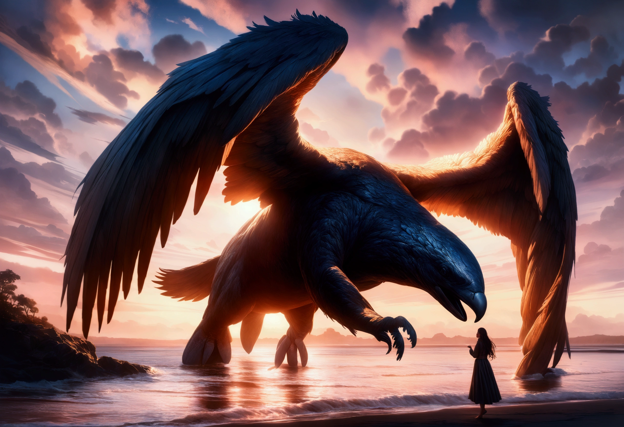 a whale with 3 sets of enormous eagle wings flying through dreamy skies, a cute woman lying on the beach watching its majestic flight, magical realism, ethereal, cinematic lighting, dramatic colors, hyper detailed, photorealistic, award winning digital art