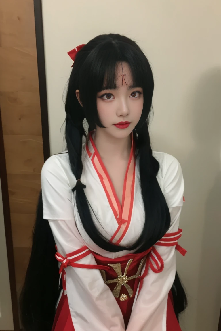 best quality, tmasterpiece,Ultra-high resolution,Clear face,(Reality:1.4),ferpect lighting,(upper body), (photorealistic:1.50), anime wallpaper, Guviz style artwork, cover-up fantasy up to magic , by Yang J, Guviz, beautiful artwork illustration, beautiful digital artwork, beautiful digital illustration, Li Song, beautiful anime portrait, art style in Beauvot, 1girl, 独奏, long hair, (twintails:1.5), hair ribbon, (black hair:1.5), bangs, (purple eyes), double eyelids, blush, Red cheeks, Sleeveless, (Hanfu), (Chinese dress), (medium :1.5), shagging breastvage, indm, standing, From above, (looking at viwer),