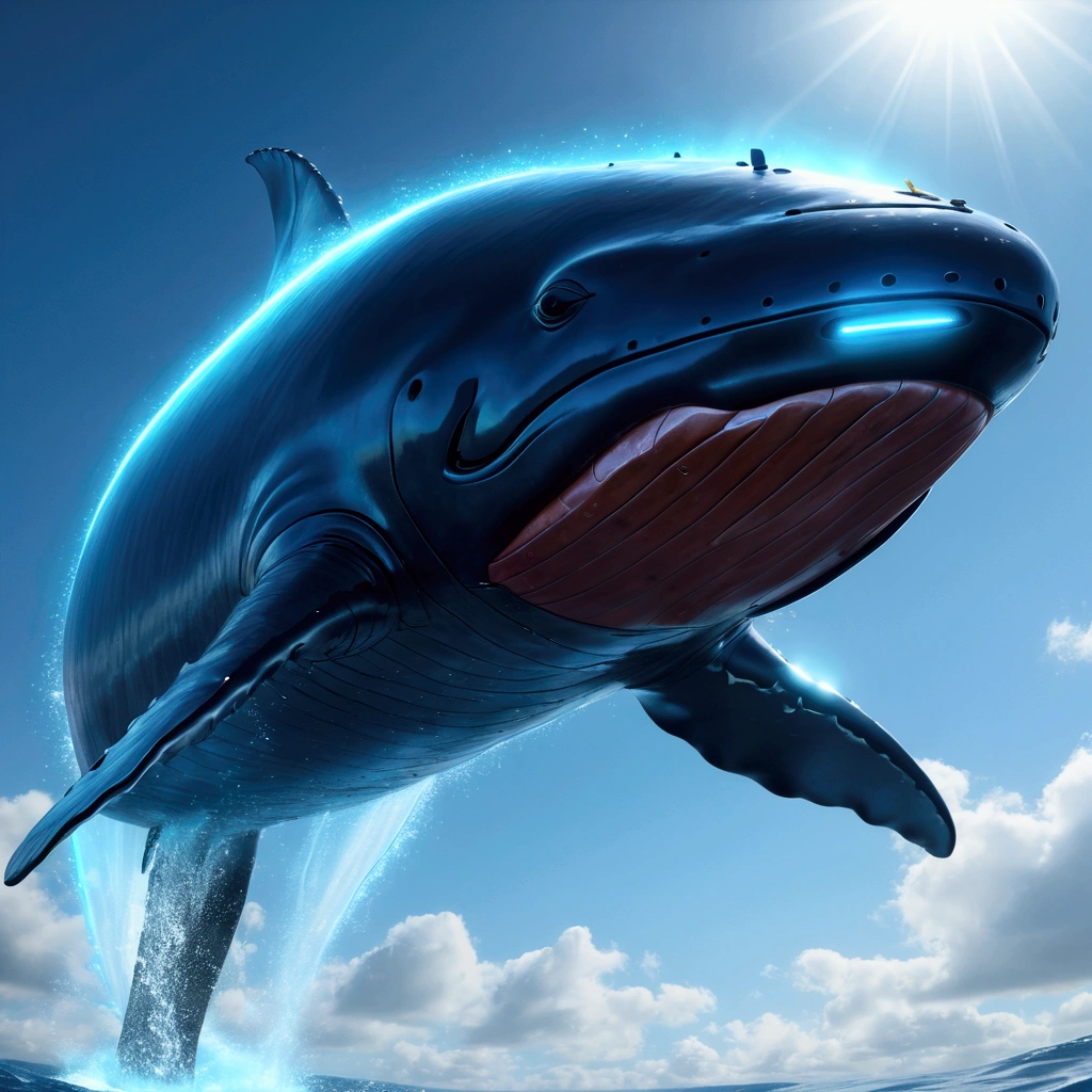 Flying Whale, mechanical whale, (glowing Whale:1.4), from side, blue sky, cinematic angle, realistic, hyper-realistic, photorealistic, (best quality,4k,8k,highres,masterpiece:1.2),ultra-detailed,(realistic,photorealistic,photo-realistic:1.37),vivid colors,dramatic lighting,