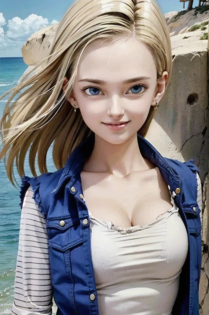 android 18,blonde hair, Long Straight hair, blue eyes, vest, black shirt, long sleeves, denim jacket, looking at viewer, smile Face, close up portrait, outside, beach, ocean, blue sky, high quality, masterpiece, sexy body, perfect breasts, slightly torn shirt on the chest