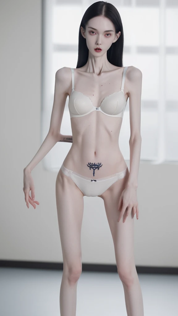 a woman, very thin body, body visible bones, very slender , sweaty weat body, pale white skin, panties, bra,tatto, full body , in a school