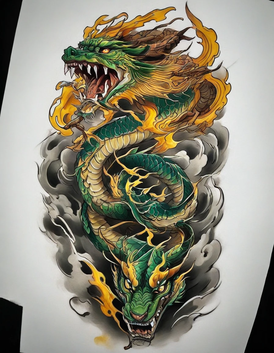 ((solo dragon)), Traditional Japanese tattoo design, realistic tattoo art of green eastern dragon with brown horns, yellow eyes, he is with open mouth looking very fierce and angry, the background is Japanese wave tattoo with thunder effects, (Unity 16K Wallpaper, masterpiece, Best Quality, high quality, Ultra-detailed, extremely details), ((solo dragon)), Traditional Japanese tattoo design, realistic tattoo art of green eastern dragon with brown horns, yellow eyes, he is with open mouth looking very fierce and angry, the background is Japanese wave tattoo with thunder effects,
