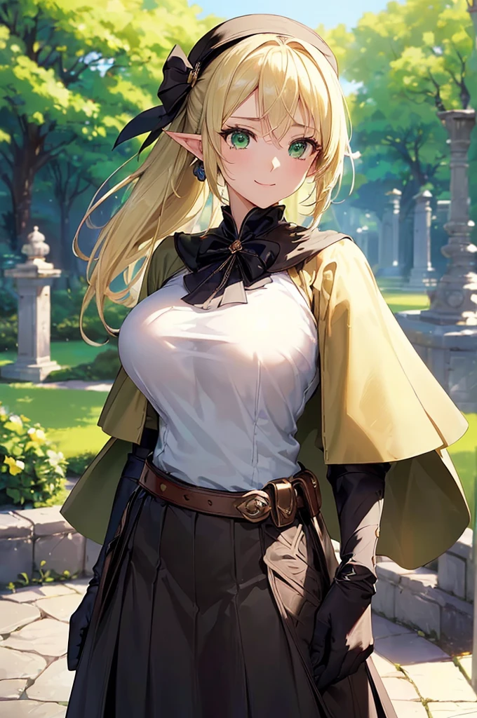 (((masterpiece; best quality: 1.2))), (finely detailed eyes: 1.3), (25 year old elf woman), (solo), (green eyes: 1.4), (body; big breasts, fit, femenine: 1.3), (silky blonde hair in low ponytail: 1.3), (beautiful and clear background: 1.2), ((depth of field)), (equipment: adventurer garb + modest + elegant wide-brimmed pointed hat + dark blouse + dark cape + black long skirt + gloves + belt + pouches: 1.3), (anime illustration: 1.2), (background composition; royal garden: 1.1), (extremely fine and beautiful: 1.1), (shot composition; standing + centered on torso + close-up: 1.5), (expression; calm, smile: 1.2)