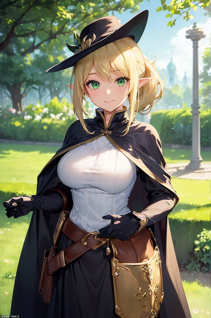 (((masterpiece; best quality: 1.2))), (finely detailed eyes: 1.3), (25 year old elf woman), (solo), (green eyes: 1.4), (body; big breasts, fit, femenine: 1.3), (silky blonde hair in low ponytail: 1.3), (beautiful and clear background: 1.2), ((depth of field)), (equipment: adventurer garb + modest + elegant wide-brimmed pointed hat + dark blouse + dark cape + black long skirt + gloves + belt + pouches: 1.3), (anime illustration: 1.2), (background composition; royal garden: 1.1), (extremely fine and beautiful: 1.1), (shot composition; standing + centered on torso + close-up: 1.5), (expression; calm, smile: 1.2)