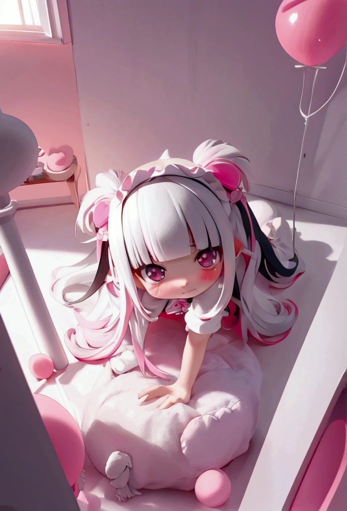 masterpiece, best quality, ultra detailed, , maid, shy, embarrassed, on all fours, looking at viewer, blunt bangs, long hair, flipped hair, colored inner hair, white hair, black hair, in the room, in the morning, lo-fi, chibi anime, 3D render, from above, circle composition, sunlight, dramatic lighting, vibrant colors, DeepPink, pink and white