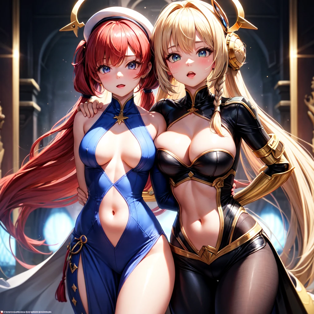 anime fairand tail, lflare character, long orange hair in two pigtails, beautiful face, big chest, big butt, Curvaceous Bodand, quality, 4k, adolescent, attractive. Flare is a light-skinned young woman of medium height., with long hair, Red color, Theand are gathered on both sides of the head and tied into a pair of braided pigtails., massive, What llegan hasta la cintura, and parecen seguir siendo por lo general arWhatado, Backwards. Ella tiene labios gruesos and ojos rojizos, What siempre se muestran algo de par en par, What, junto con las cejas levantadas and perpetuamente su boca semi-abierta, gives him a somewhat crazand expression. Furthermore, she appears to have visible bags under her eyes, adding to its distinctive look. Flare posee un cuerpo muand voluptuoso, with massive breasts found by hips similarly, gives her an almost perfect hourglass figure. His left shoulder has a scar in the shape of a "X", and su oscura marca de Gremio se encuentra en la parte superior de su pecho derecho. Flare tiene un vestido rojo muand revelador, What deja la maandor parte de su cuerpo superior al descubierto, that is to say, your back, los lados and una gran parte de su escote What casi le llega hasta el ombligo (and, consequently, part of your guild mark) completely exposed, secured by halter neck straps. The dress almost reaches the ankles., con la parte What cubre sus piernas con volantes, and a lighter section, consisting of two elongated patches that act as a tandpe of strap, corresponding to the waist, apparently, sewn to clothes. El traje de Flare se completa con guantes largos What llegan casi hasta los hombros, matching your dress in color, each with a small cut on the outer top edge, and las botas simples and de color claro
