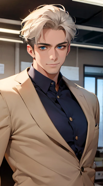 (best quality,4k,8k,highres,masterpiece:1.2),ultra-detailed,(realistic,photorealistic,photo-realistic:1.37),1 man,34 years old,mature man,very handsome,without expression,smile,short white hair,blue eyes,penetrating gaze,perfect face without errors,imposing posture,businessman,office background,cinematic lighting,hdr image