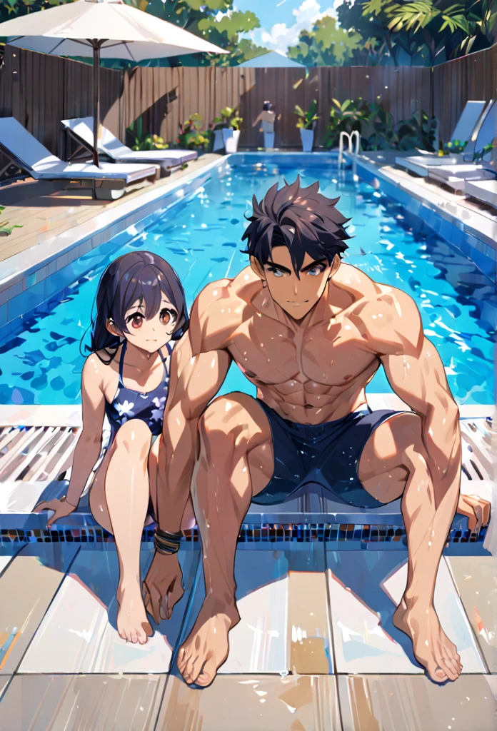 20 year old Indian brother and sister playing in swimming pool , cute detailed face , full body view, muscular legs