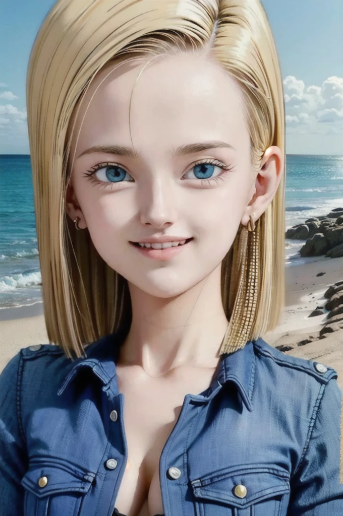 android 18,blonde hair, Long Straight hair, blue eyes, vest, black shirt, long sleeves, denim jacket, looking at viewer, smile Face, close up portrait, outside, beach, ocean, blue sky, high quality, masterpiece, y body, perfect brelightly torn shirt on the chest