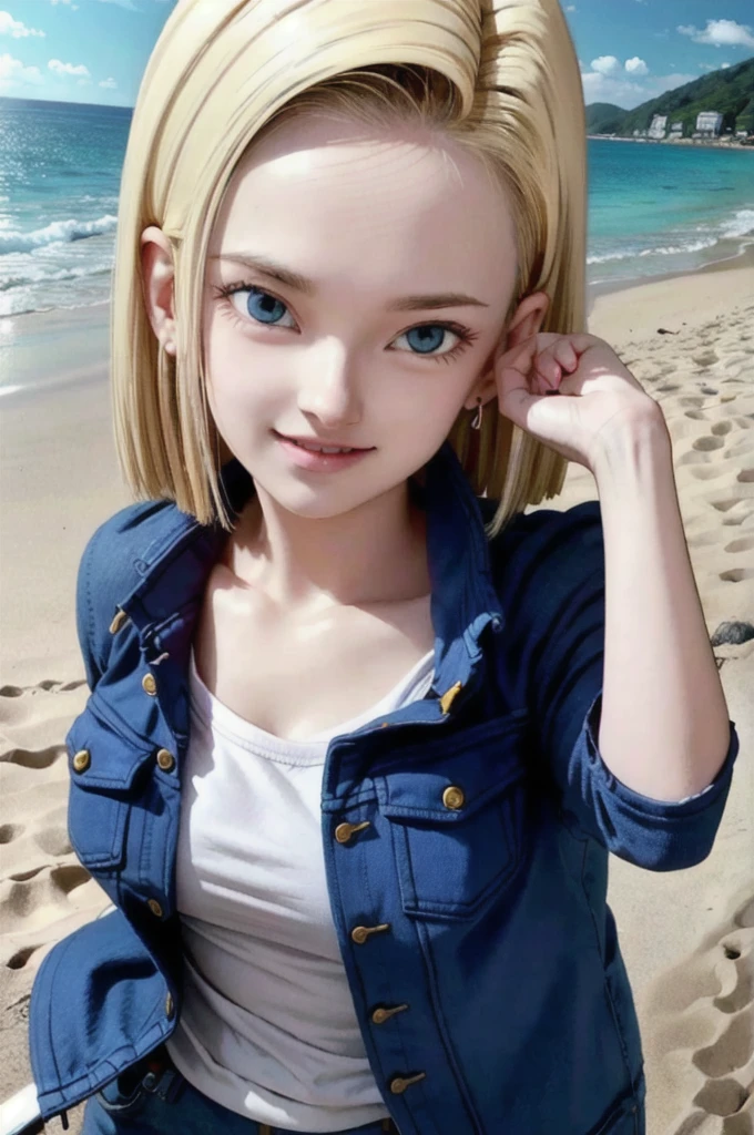 android 18,blonde hair, Long Straight hair, blue eyes, vest, black shirt, long sleeves, denim jacket, looking at viewer, smile Face, close up portrait, outside, beach, ocean, blue sky, high quality, masterpiece, sexy body, perfect breasts, slightly torn shirt on the chest