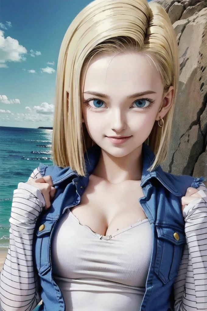 android 18,blonde hair, Long Straight hair, blue eyes, vest, black shirt, long sleeves, denim jacket, looking at viewer, smile Face, close up portrait, outside, beach, ocean, blue sky, high quality, masterpiece, sexy body, perfect breasts, slightly torn shirt on the chest