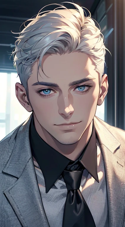 (best quality,4k,8k,highres,masterpiece:1.2),ultra-detailed,(realistic,photorealistic,photo-realistic:1.37),1 man,31 years old, man,very handsome,without expression,smile,short white hair,blue eyes,penetrating gaze,perfect face without errors,imposing posture,businessman,office background,cinematic lighting,hdr image