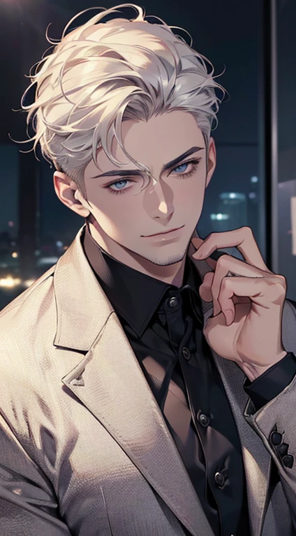 (best quality,4k,8k,highres,masterpiece:1.2),ultra-detailed,(realistic,photorealistic,photo-realistic:1.37),1 man,31 years old,mature man,very handsome,without expression,smile,short white hair,blue eyes,penetrating gaze,perfect face without errors,imposing posture,businessman,office background,cinematic lighting,hdr image
