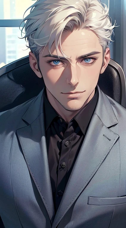 (best quality,4k,8k,highres,masterpiece:1.2),ultra-detailed,(realistic,photorealistic,photo-realistic:1.37),1 man,31 years old,mature man,very handsome,without expression,smile,short white hair,blue eyes,penetrating gaze,perfect face without errors,imposing posture,businessman,office background,cinematic lighting,hdr image