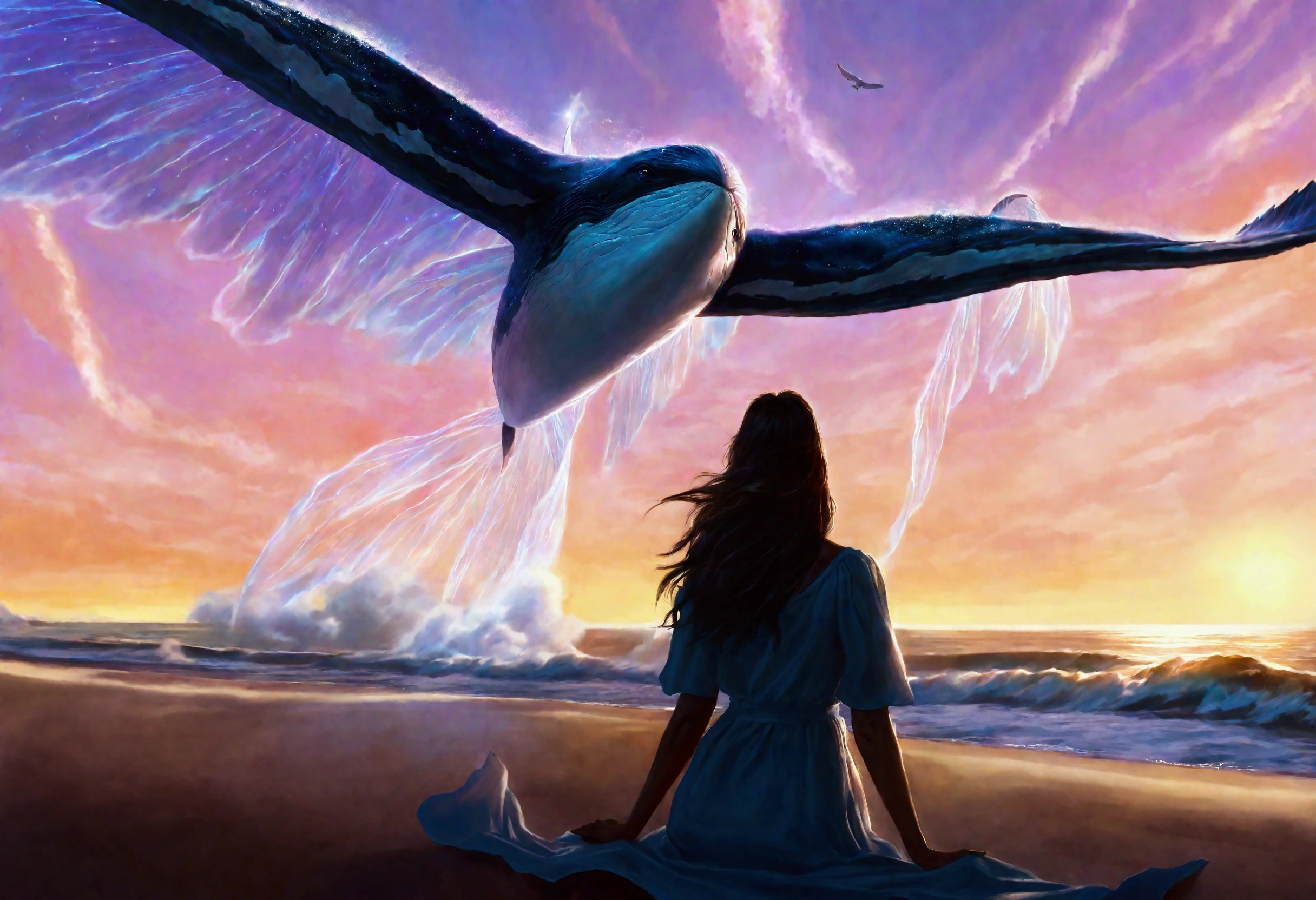 a whale with 3 sets of enormous eagle wings flying through dreamy skies, a cute woman lying on the beach watching its majestic flight, magical realism, ethereal, cinematic lighting, dramatic colors, hyper detailed, photorealistic, award winning digital art
