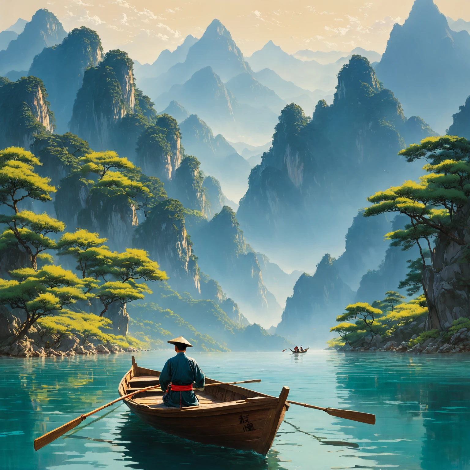 A man in a boat in the water,Mountains in the background, author:Gu An, by Cui Bai, by Fu Baoshi, inspired by Fu Baoshi, author:Xu Xi, author Miao Fu, by Yang Buzhi, qi sheng luo, author:Luo Mu, author:Wu Wei, by Xie Shichen