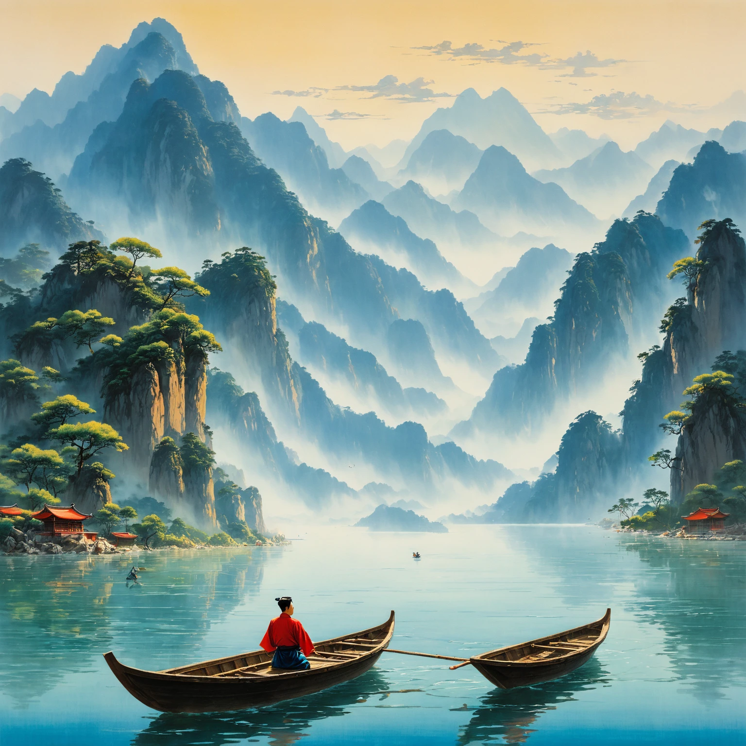 A man in a boat in the water,Mountains in the background, author:Gu An, by Cui Bai, by Fu Baoshi, inspired by Fu Baoshi, author:Xu Xi, author Miao Fu, by Yang Buzhi, qi sheng luo, author:Luo Mu, author:Wu Wei, by Xie Shichen