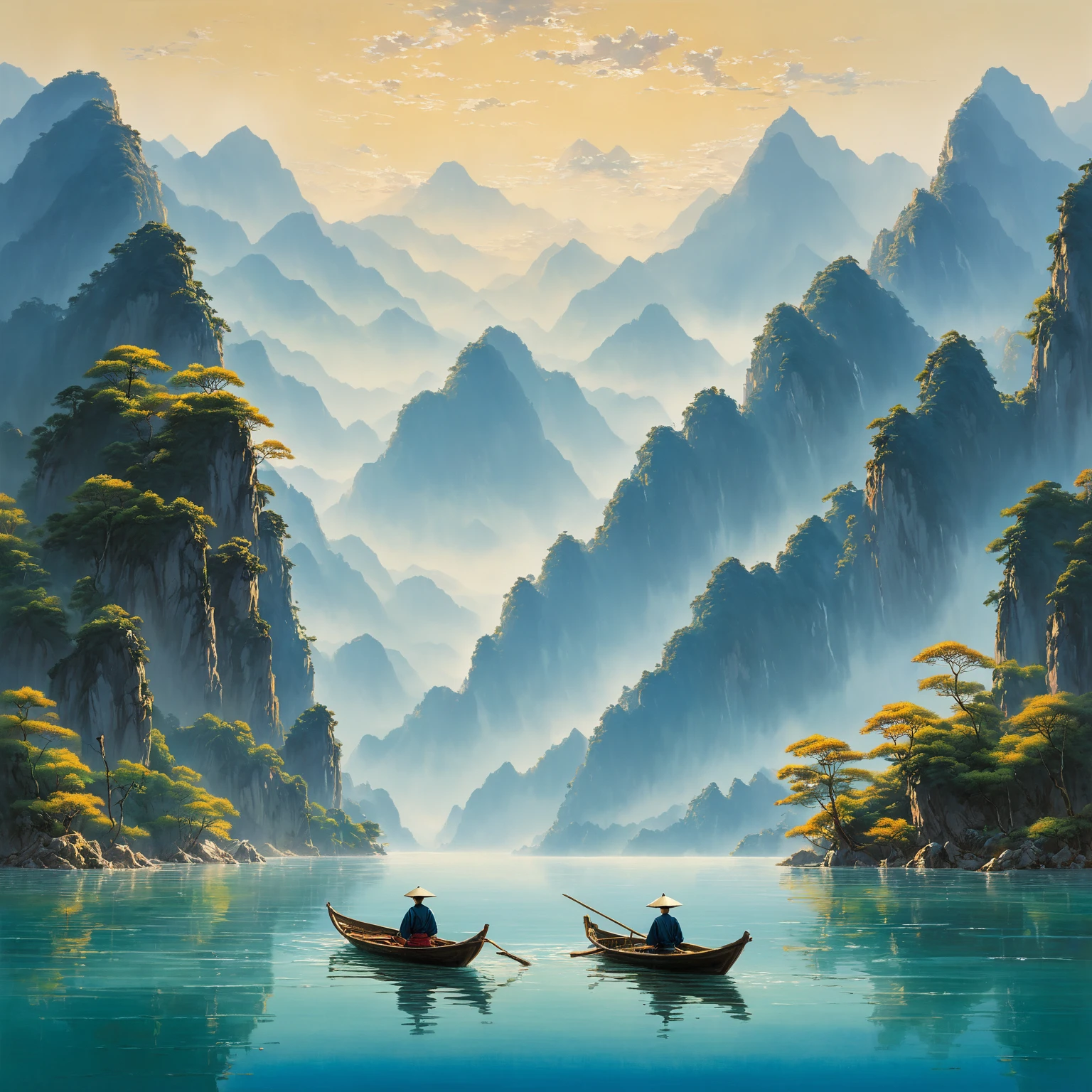 A man in a boat in the water,Mountains in the background, author:Gu An, by Cui Bai, by Fu Baoshi, inspired by Fu Baoshi, author:Xu Xi, author Miao Fu, by Yang Buzhi, qi sheng luo, author:Luo Mu, author:Wu Wei, by Xie Shichen