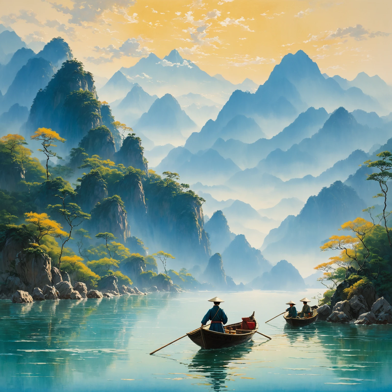 A man in a boat in the water，Mountains in the background, author：Gu An, by Cui Bai, by Fu Baoshi, inspired by Fu Baoshi, author：Xu Xi, author Miao Fu, by Yang Buzhi, qi sheng luo, author：Luo Mu, author：Wu Wei, by Xie Shichen