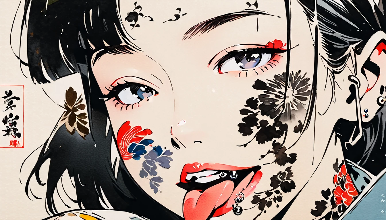Fashion portrait color photos, Ink Painting, (((1 girl))), (((Tattoo on face))), (((Tongue piercing))), Japanese style headphones, face close-up, Japanese beautiful girl, Black Hair, Delicate and precise, Modern ukiyo-e style