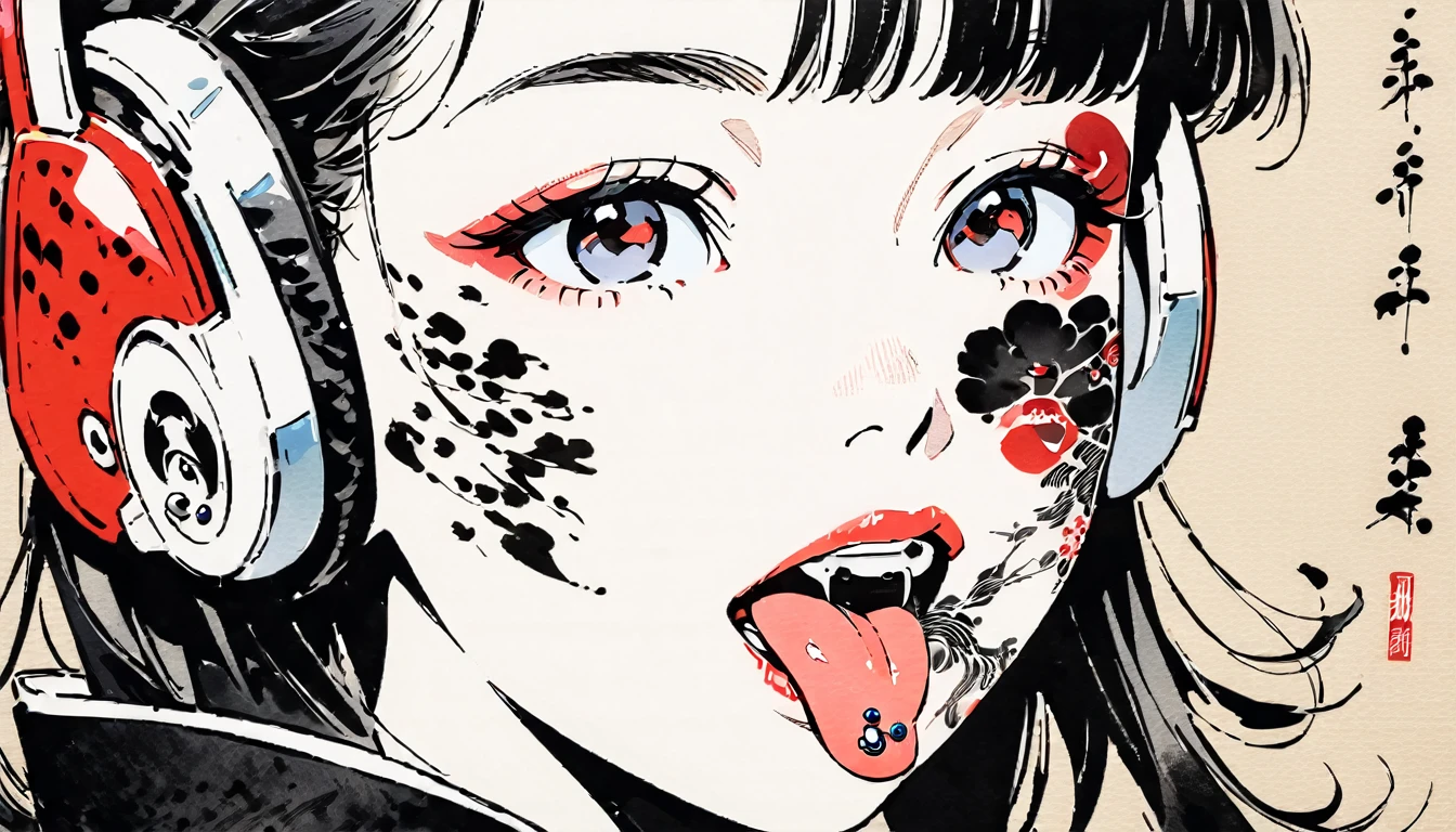 Fashion portrait color photos, Ink Painting, (((1 girl))), (((Tattoo on face))), (((Tongue piercing))), Japanese style headphones, face close-up, Japanese beautiful girl, Black Hair, Delicate and precise, Modern ukiyo-e style