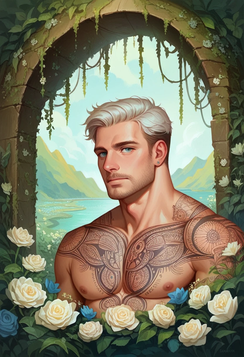 1male, solo, white_hair, tattoos, grotto, verdant, flowers, beautiful, idyllic, sublime, absurdres, hyper-realism, textured, God, maximum_detail, dslr 