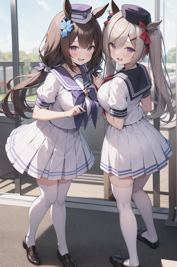 absurdres, highres, ultra detailed, smile,open mouth,standing, looking at viewer,tracen , summer uniform, serafuku, puffy short sleeves, bowtie, horseshoe ornament, sailor collar, sailor shirt, frills, white skirt, purple shirt, miniskirt, zettai ryouiki, white thighhighs, brown footwear, shoes,viblos \(umamusume\),twintails, brown hair, long hair, hat,large breasts, purple eyes, multicolored hair, ear ornament, hair ribbon,